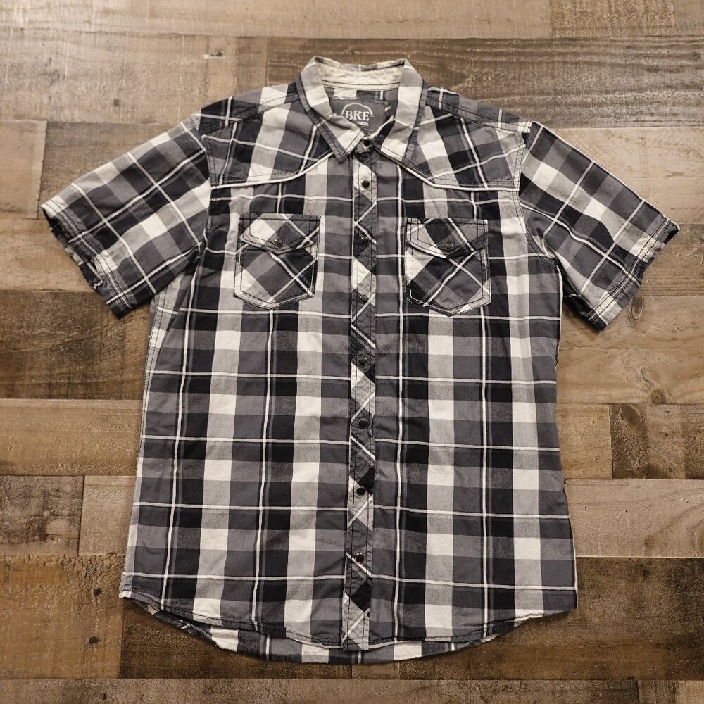 BKE Western Snap Shirt Men’s Large Gray Black Plaid Short Sleeve Cowboy